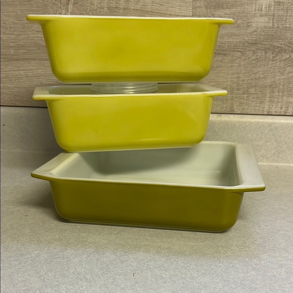 Vintage Pyrex baking set 2x loaf pans 913 and brownie pan 922 verte collection.